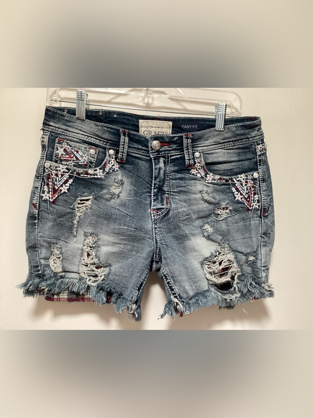 Grace in LA Easy Fit Distressed Patriotic Denim Shorts with Embroidered Accents